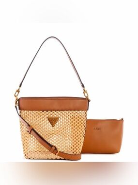 GUESS Vikky Straw Bucket Bag (Cognac)